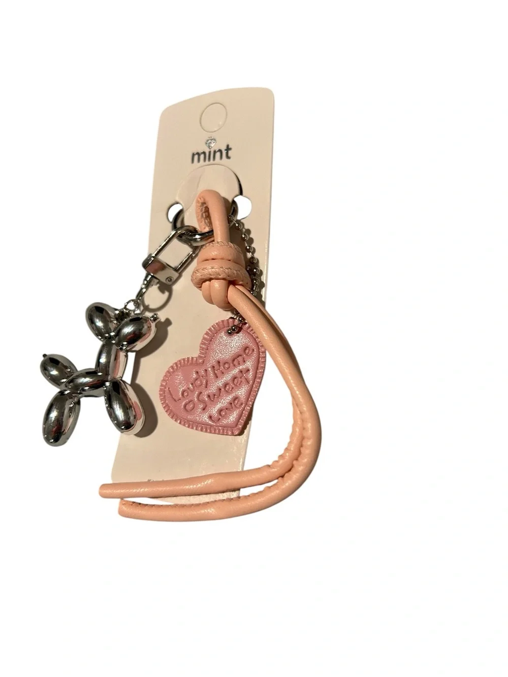 Mint Pink Heart & Silver Balloon Dog Keyring with Peach Leather Loop
